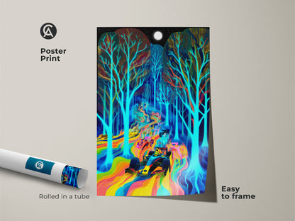 Poster print of a neon rainbow Formula 1 car in a psychedelic forest. This surreal F1 artwork showcases a vibrant racing scene under a full moon. It's an abstract motorsport art piece that's easy to frame for unique wall decor.