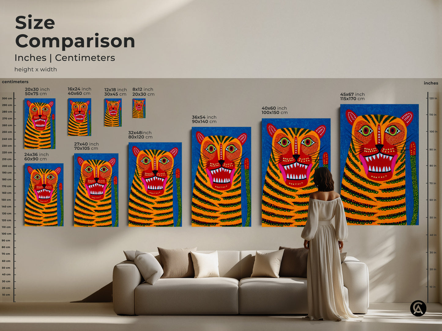 Compare sizes with this folk art tiger illustration. Inches and centimeters are clearly displayed. Various sizes are ranging from 20x30 cm to 45x67 inches. A woman stands near the artwork for scale. See how this animal wall art fits above a sofa.
