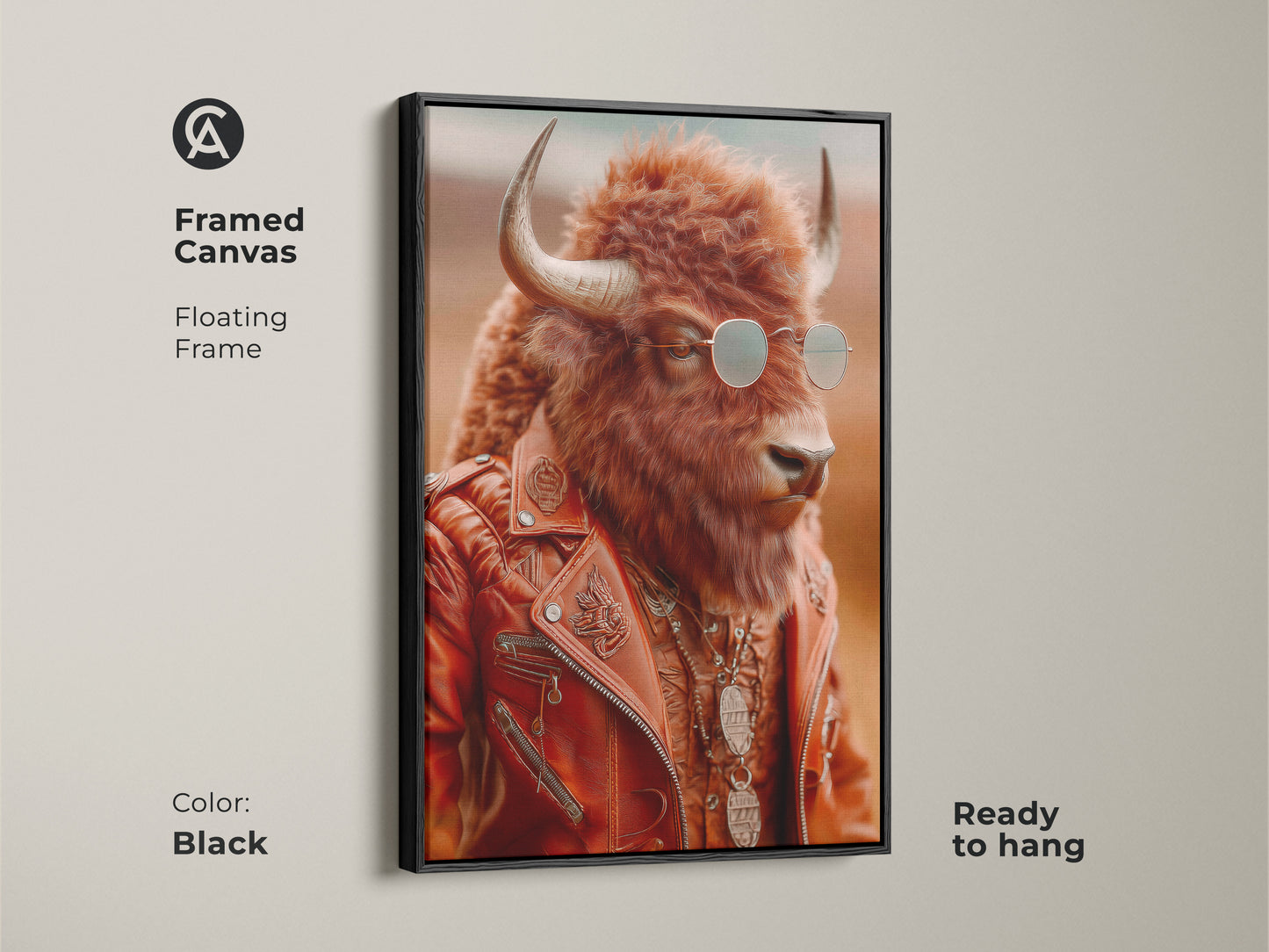 Framed canvas print with a black floating frame. The art shows a biker bison in a leather jacket and sunglasses. It's a ready-to-hang piece. Perfect for creating a cool office artwork display or as a gift for motorcycle lovers.