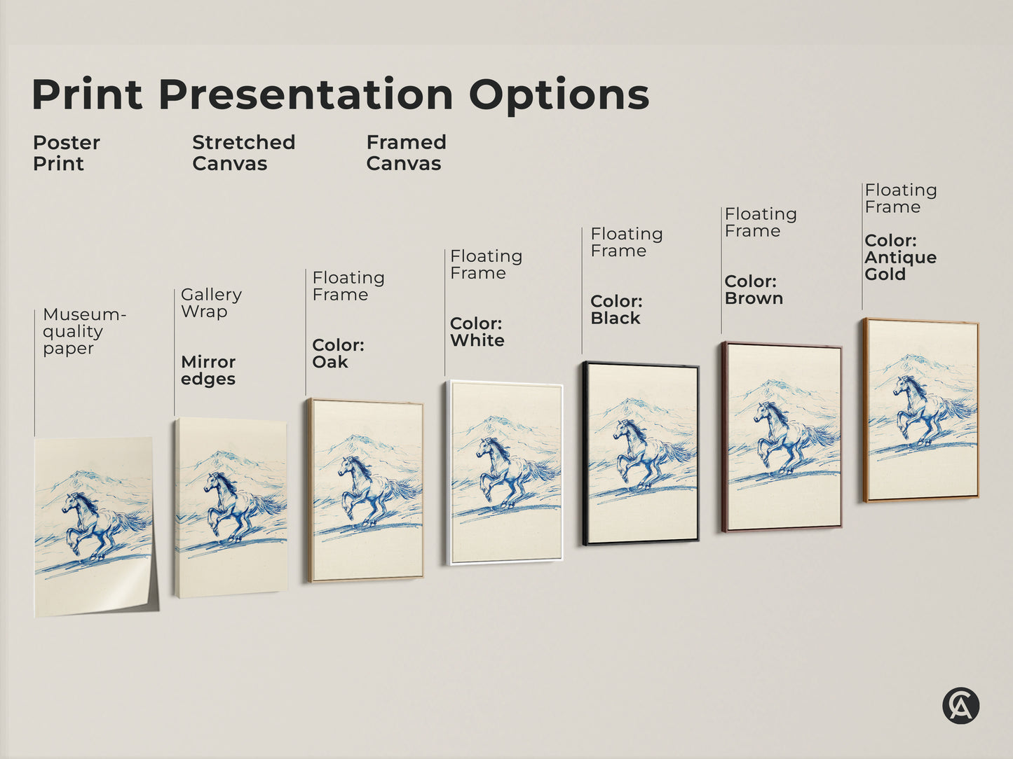 Explore print presentation options including poster prints stretched canvas and framed canvas. Museum-quality paper gallery wraps and floating frames are available. Frame colors include oak white black brown and antique gold. Each showcases the rustic blue line art horse sketch.
