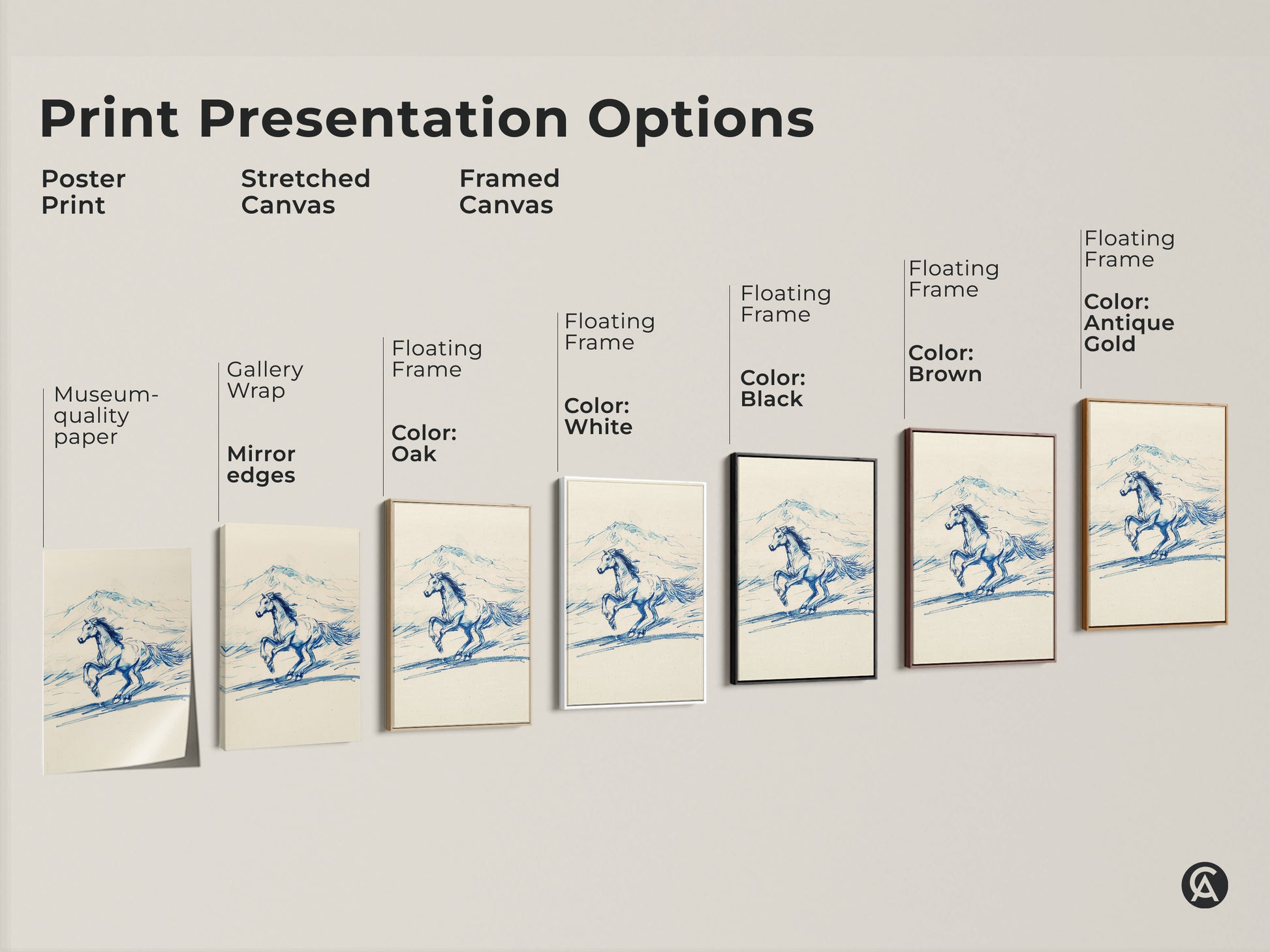 Explore print presentation options including poster prints stretched canvas and framed canvas. Museum-quality paper gallery wraps and floating frames are available. Frame colors include oak white black brown and antique gold. Each showcases the rustic blue line art horse sketch.