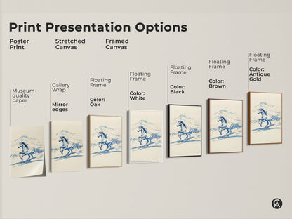 Explore print presentation options including poster prints stretched canvas and framed canvas. Museum-quality paper gallery wraps and floating frames are available. Frame colors include oak white black brown and antique gold. Each showcases the rustic blue line art horse sketch.