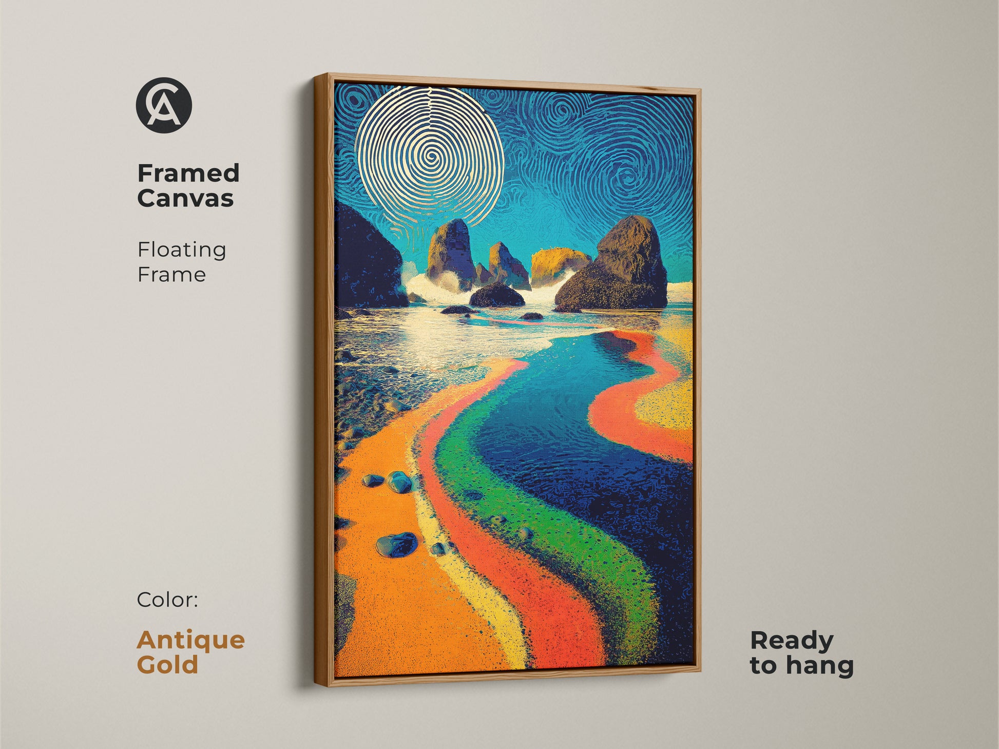 White floating frame on framed canvas with abstract ocean artwork. The beach scene canvas print brings deep blue orange and teal coastal colors. Perfect for eclectic modern wall decor this piece adds a psychedelic touch. This ocean view artwork is ideal for living room decor.