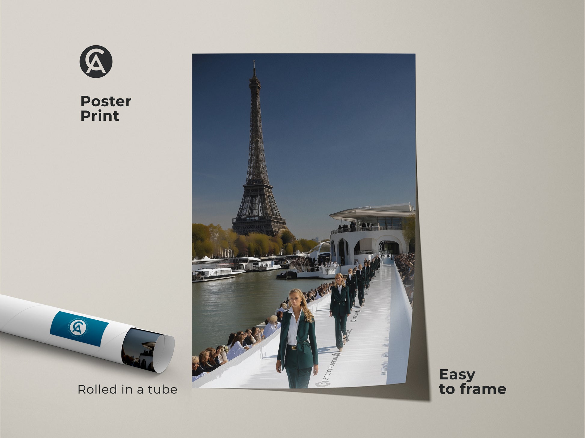 A poster print featuring Eiffel Tower and Parisian fashion. The cityscape artwork showcases a runway show. This contemporary piece features sky blue and deep green tones. Rolled in a tube and easy to frame. Ideal for modern apartment art or a Francophile gift wall art.