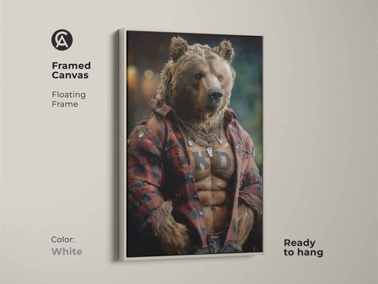 Framed canvas of a bear with a white floating frame. The artwork shows a flannel shirt bear. It makes a unique wall hanging. It is ideal for a rustic man cave gift or for a bear lover present.