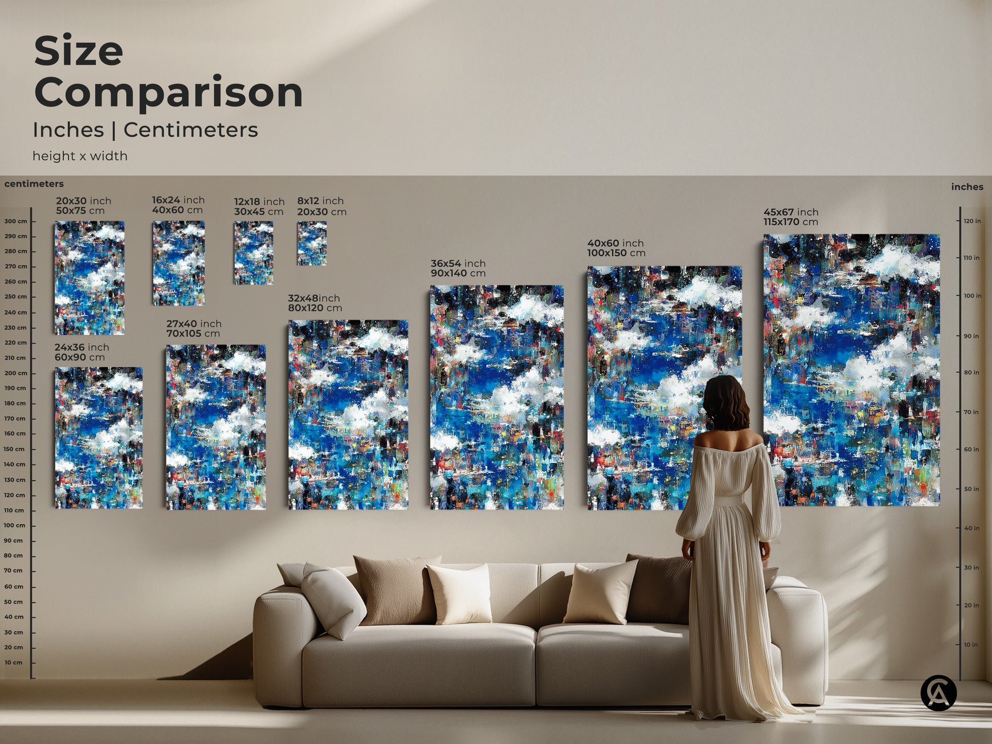 Size comparison of abstract artwork in inches and centimeters. Visualize the art in various sizes. Perfect for any room. Canvas and poster options are available. Shop now to transform your space with this modern art piece. Find the perfect size for your home.