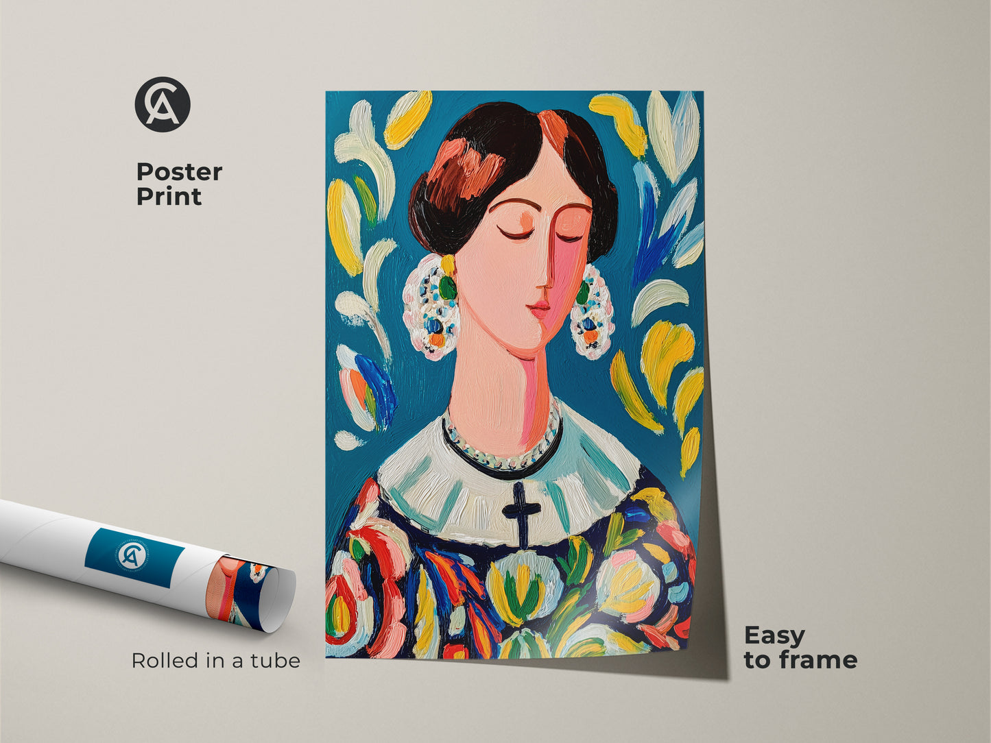 Poster print featuring a striking female portrait. Rolled in a tube for easy framing. The artwork displays a lady with closed eyes. She has a colorful dress and ornate earrings. Ideal for adding artistic flair to your home decor.