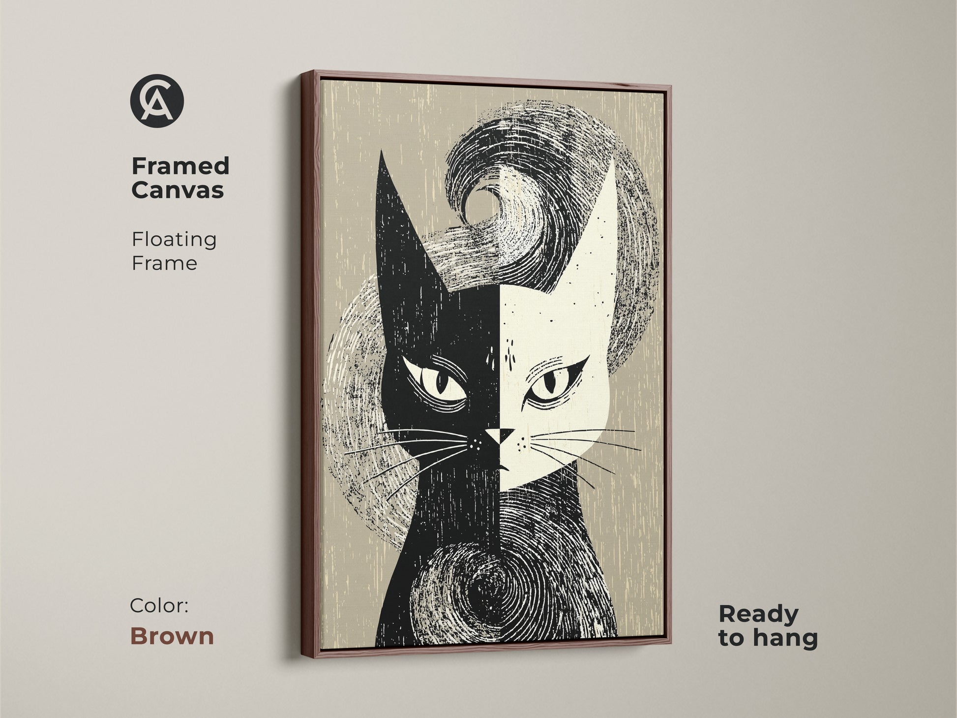 A brown framed canvas displays mid-century modern cat artwork. The abstract black and white animal face brings retro style to any room. Ready to hang with a floating frame. Ideal for adding a touch of monochrome elegance to your home decor. A unique piece for cat art lovers.