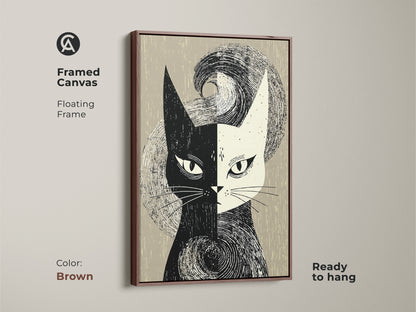 A brown framed canvas displays mid-century modern cat artwork. The abstract black and white animal face brings retro style to any room. Ready to hang with a floating frame. Ideal for adding a touch of monochrome elegance to your home decor. A unique piece for cat art lovers.