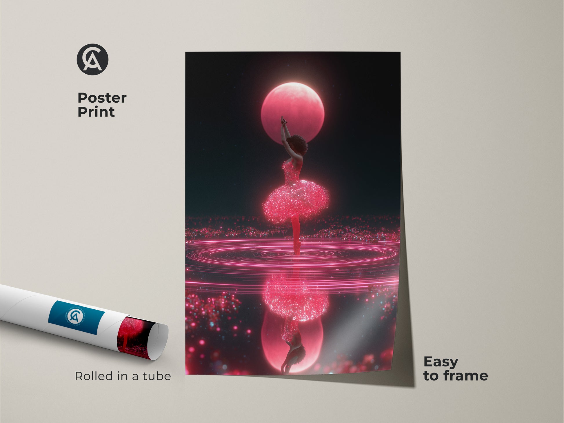 Poster print of a cosmic ballerina art piece rolled in a tube for easy framing. The hot pink ballet print depicts a surreal dance under a pink moon. This dark blue fantasy artwork is perfect for a unique dance studio art or as an artistic gift.
