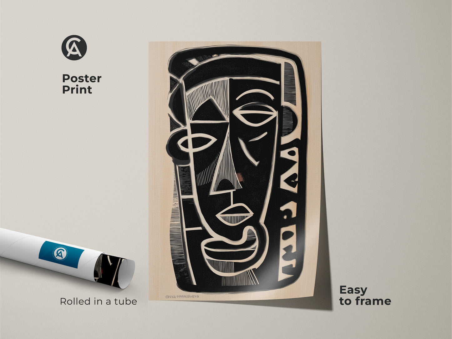 Poster print of an abstract face. This black and beige art print is rolled in a tube for easy framing. The modern cubism poster features a unique face artwork. Perfect as contemporary home accent or as an artistic housewarming gift.