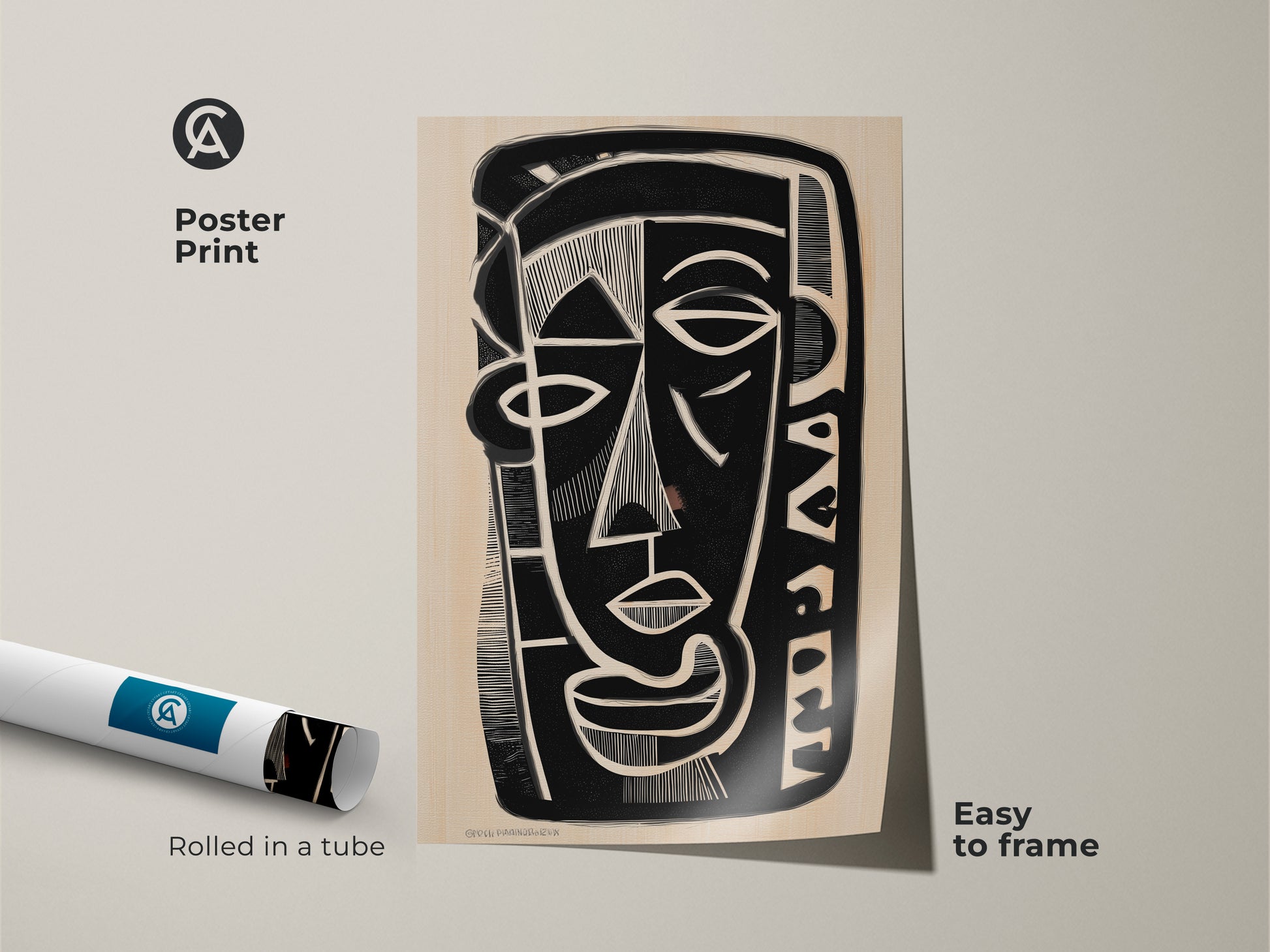 Poster print of an abstract face. This black and beige art print is rolled in a tube for easy framing. The modern cubism poster features a unique face artwork. Perfect as contemporary home accent or as an artistic housewarming gift.