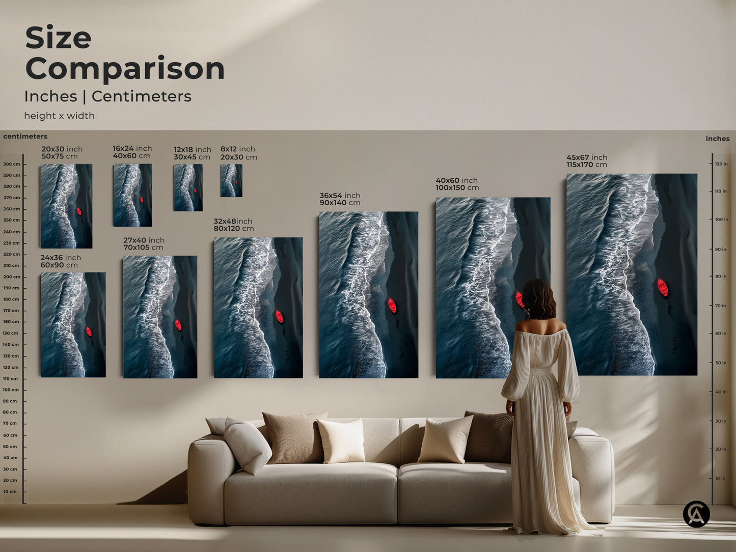 Size comparison of minimalist ocean artwork. See how the aerial red boat art looks in different sizes. The deep teal beach decor options are perfect for any room. Choose the ideal size for your coastal home wall decor. Modern seascape print.