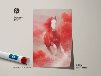 Poster print of a red horse running. This fantasy horse wall art features red and pink clouds. The asian style horse art is easy to frame. It's a great horse lover gift wall decor. This mythology animal artwork is rolled in a tube.
