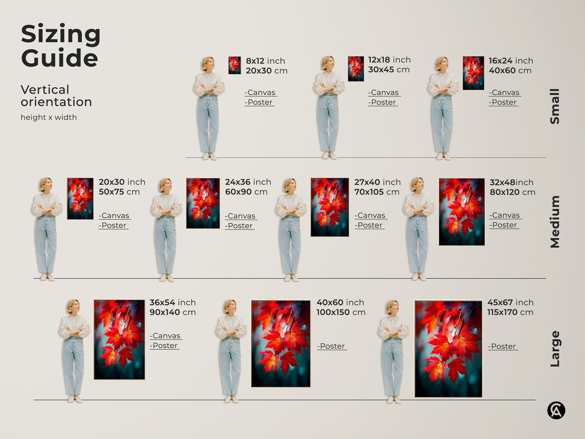 Sizing guide for the red maple leaves artwork. Find the perfect fit for your space with vertical orientation options. Available in canvas and poster prints to suit your decor needs in small medium & large sizes.