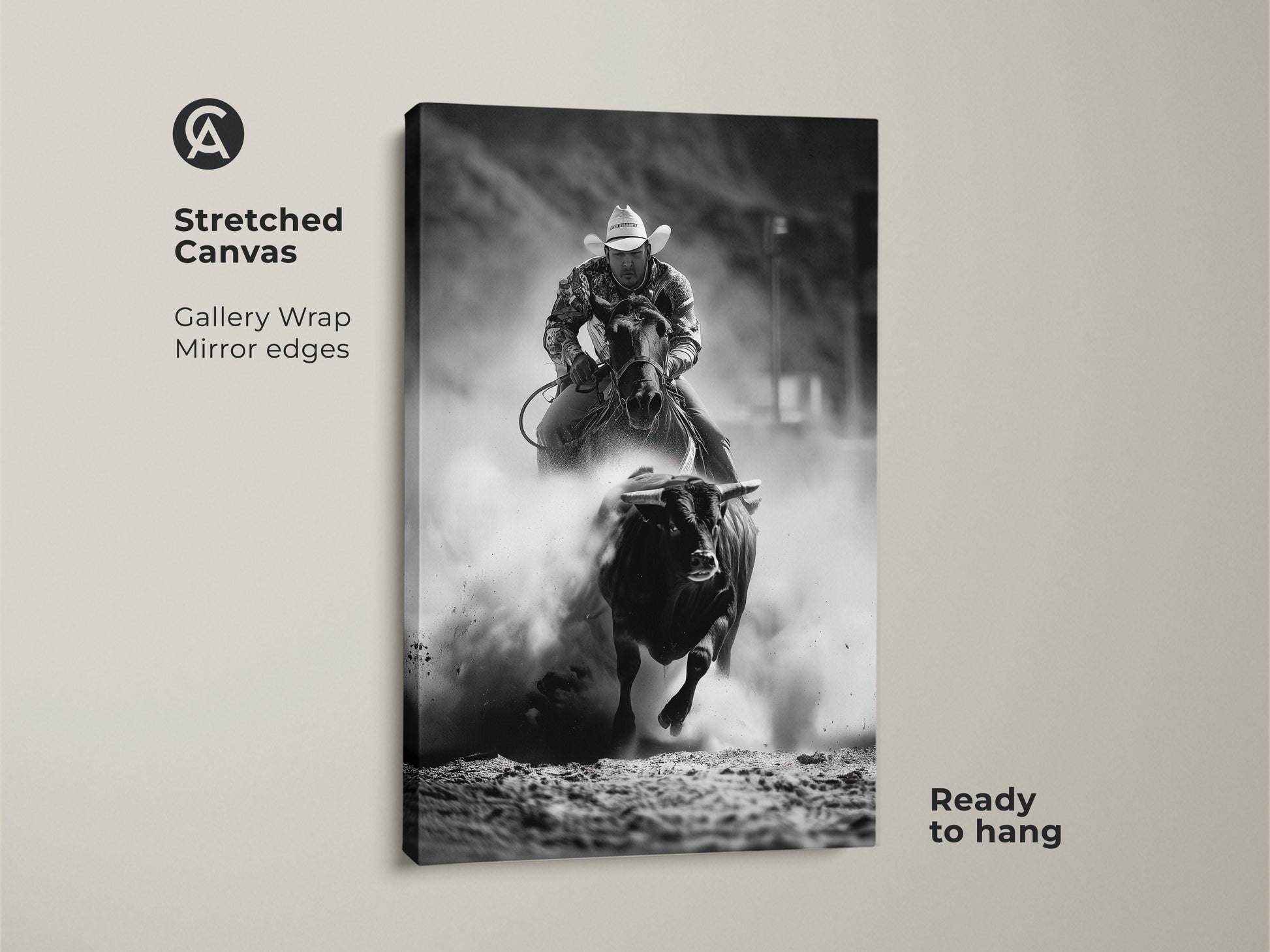 Stretched canvas gallery wrap featuring black and white rodeo art. A bull riding canvas print showcases western cowboy wall art. This rustic ranch art print is ready to hang and perfect for man cave rodeo decor. Capture action sports photography today.