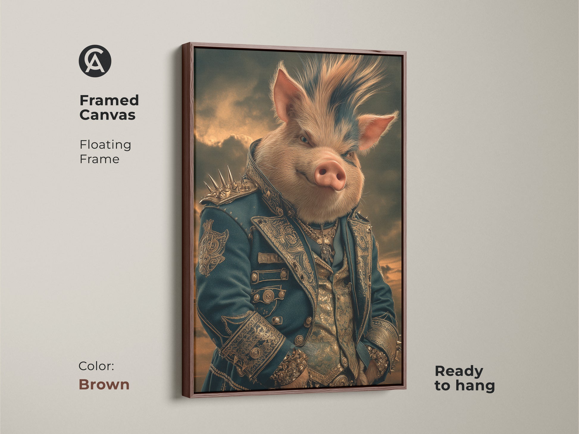 Framed Canvas in Antique Gold featuring a regal pig aristocrat. Gothic fantasy pig art with floating frame is ready to hang. The regal creature art makes a unique birthday gift for him.
