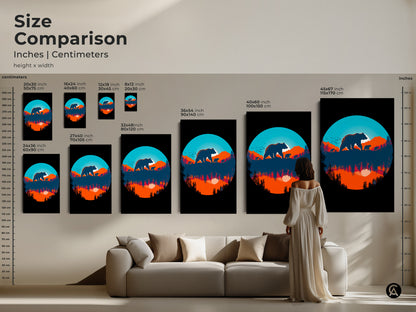 Size comparison of bear family silhouette artwork. This retro nature landscape canvas adds a touch of wildlife silhouette to any room. See how this sunset mountain reflection art fits perfectly above your couch
