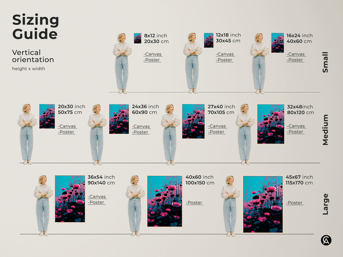 See this magenta poppy and teal wildflower artwork in various sizes. The sizing guide demonstrates canvas and poster options. Visualize how different sizes fit with models. This artwork can transform any room with its contemporary botanical art.