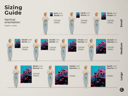 See this magenta poppy and teal wildflower artwork in various sizes. The sizing guide demonstrates canvas and poster options. Visualize how different sizes fit with models. This artwork can transform any room with its contemporary botanical art.