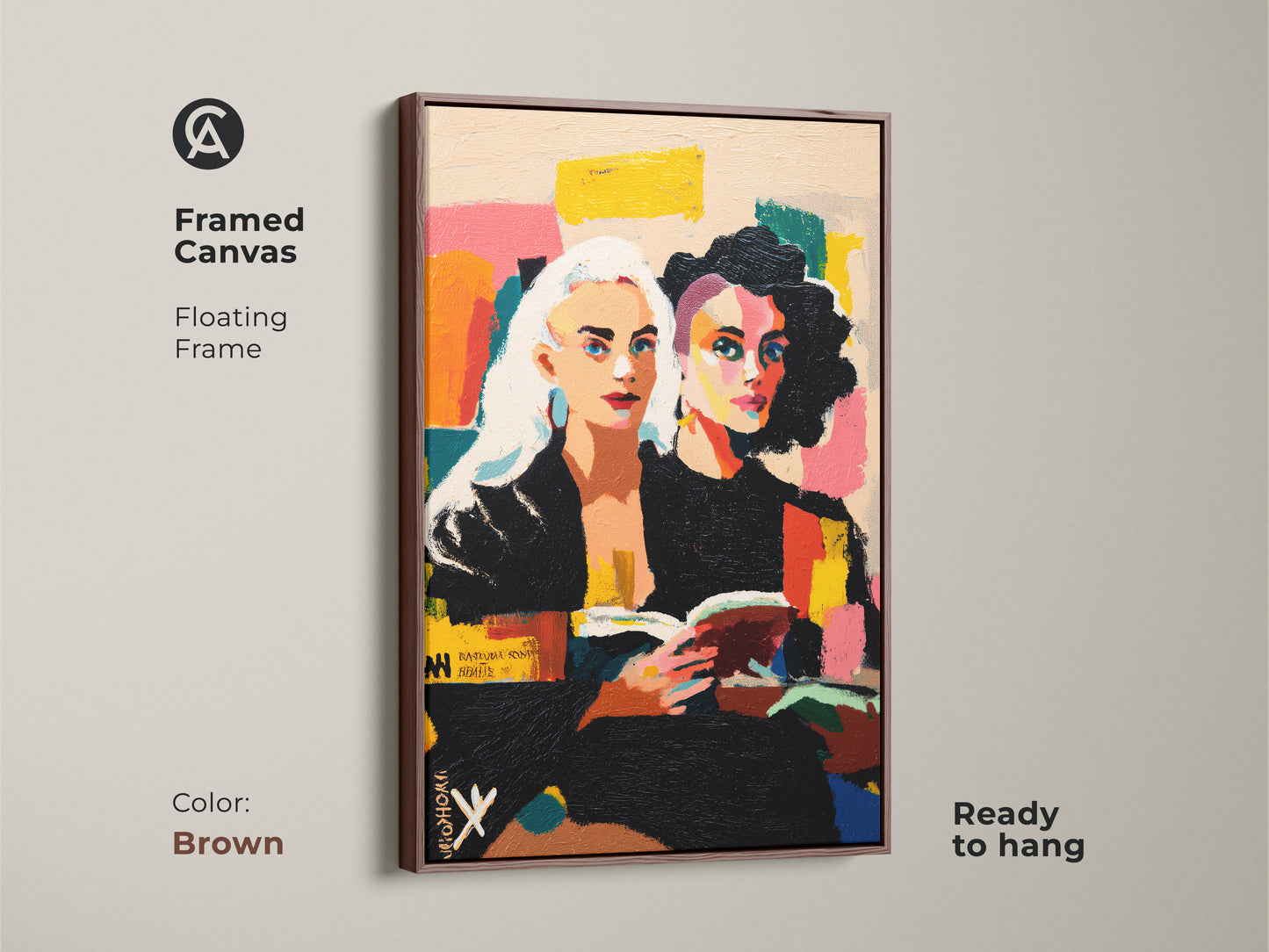 Framed canvas showcasing an abstract portrait of two women engrossed in reading. The floating frame is brown and ready to hang. This expressive figurative art adds contemporary flair to any space. A unique eclectic home decor print. Perfect as a gift for a book lover.