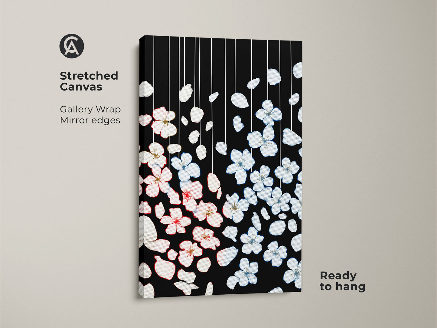 Stretched canvas print displays minimalist cherry blossom artwork. Black botanical design with pink and white petals create a modern aesthetic. Ready to hang this floral canvas enhances bedroom or living room decor. The clean lines and balanced composition complement Scandinavian style.