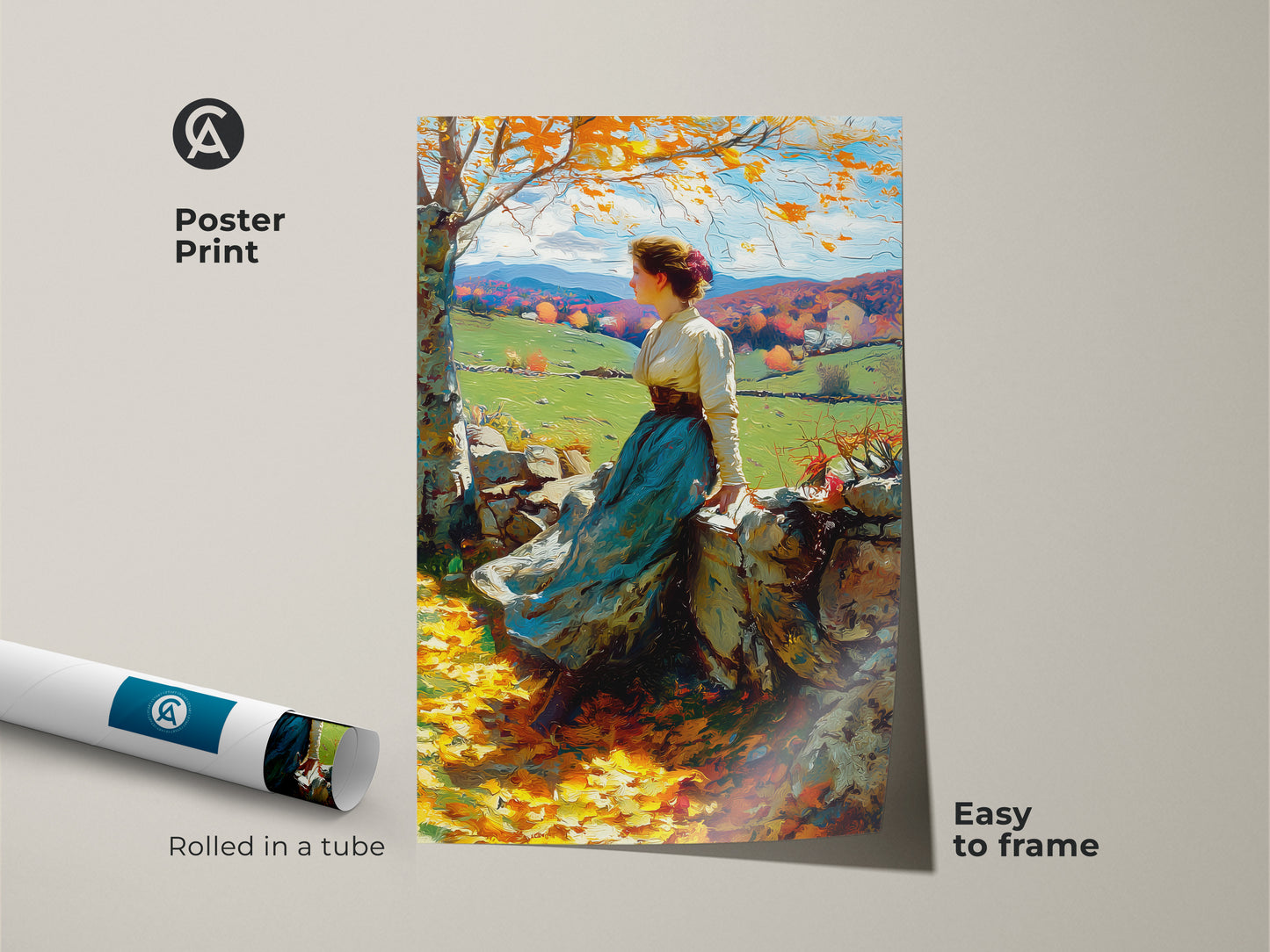 A poster print displays a woman sitting on a stone wall. She is viewing an autumn landscape art piece. The print is rolled in a tube for protection. It is easy to frame and ideal for art enthusiasts. This poster will add a touch of classic art to any space.