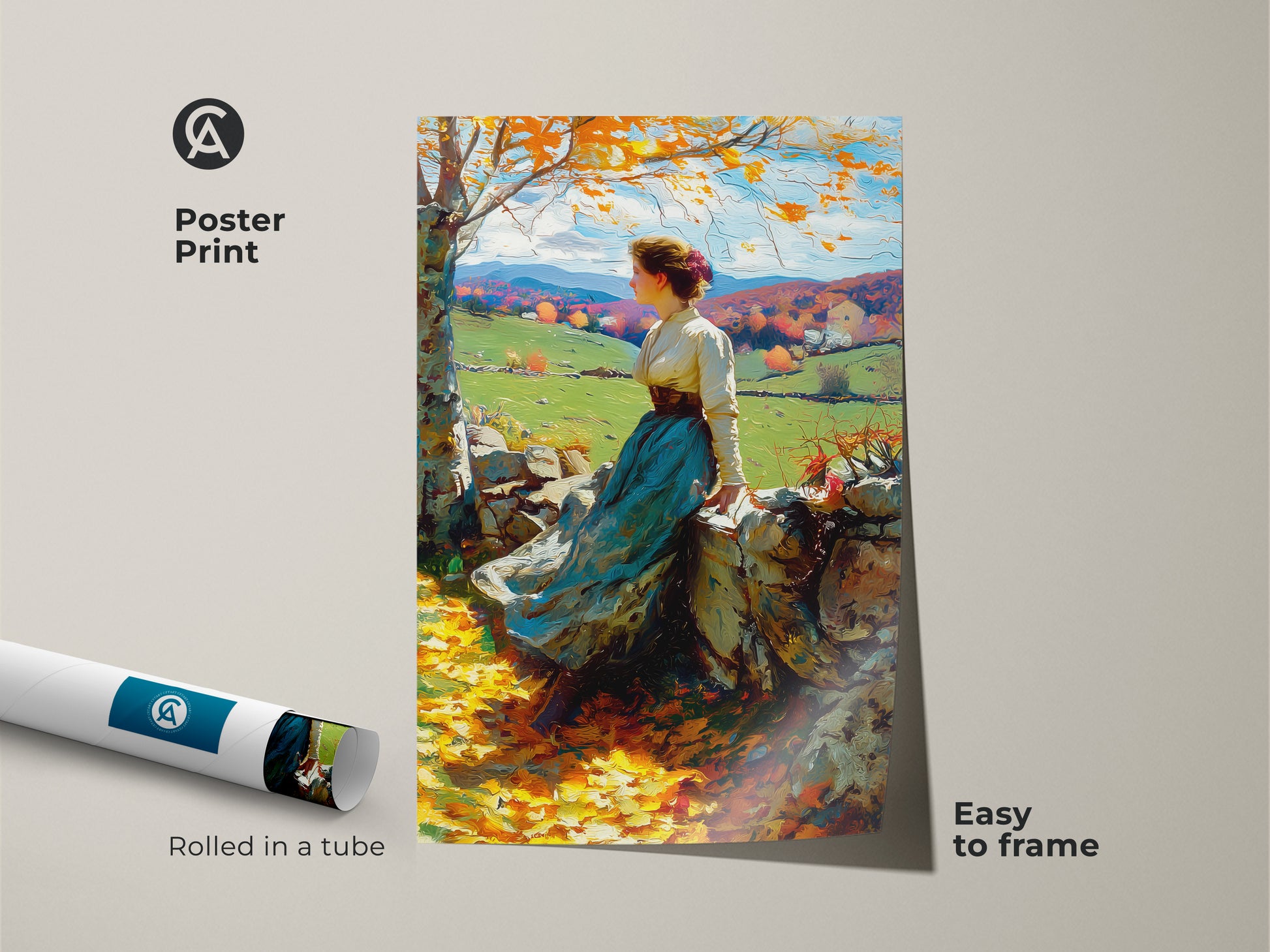 A poster print displays a woman sitting on a stone wall. She is viewing an autumn landscape art piece. The print is rolled in a tube for protection. It is easy to frame and ideal for art enthusiasts. This poster will add a touch of classic art to any space.