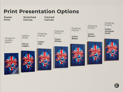 Print presentation options including poster print and stretched canvas. Framed canvas art is also shown. Union Jack face artwork brings bold blue red white abstract look. Gallery wrap and floating frames available. Museum-quality paper.