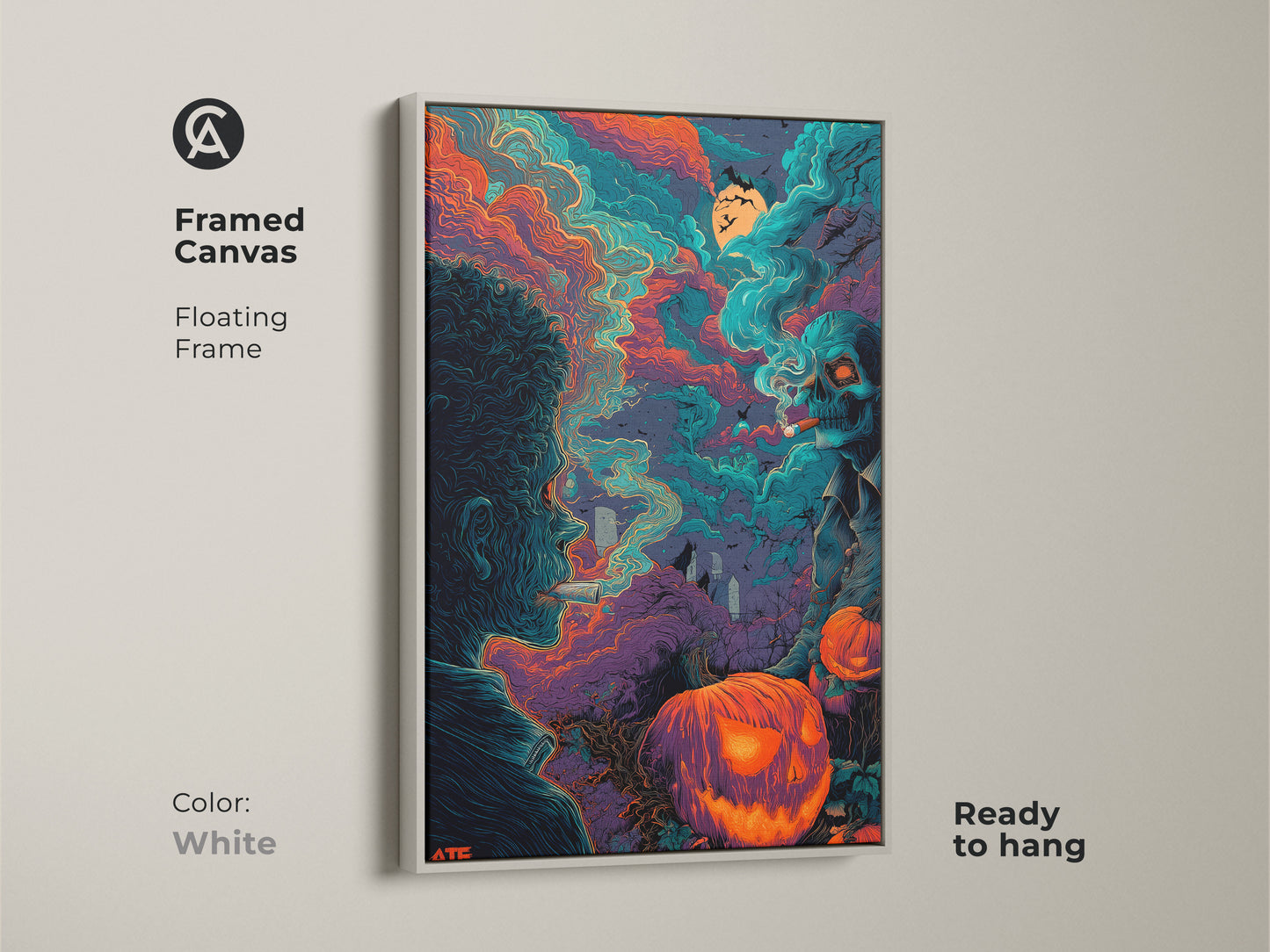 White framed canvas of Halloween artwork. The art shows a man smoking next to a skeleton with a cigar. Bats fly above jack-o-lanterns and tombstones. This framed canvas is ready to hang.