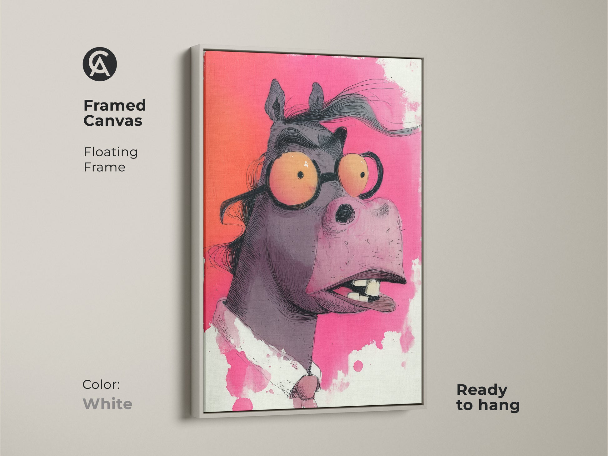 Framed canvas with a floating white frame. It features a funny horse with glasses. Fuchsia and orange animal wall art perfect for eclectic decor. Ready to hang ideal for horse lovers.