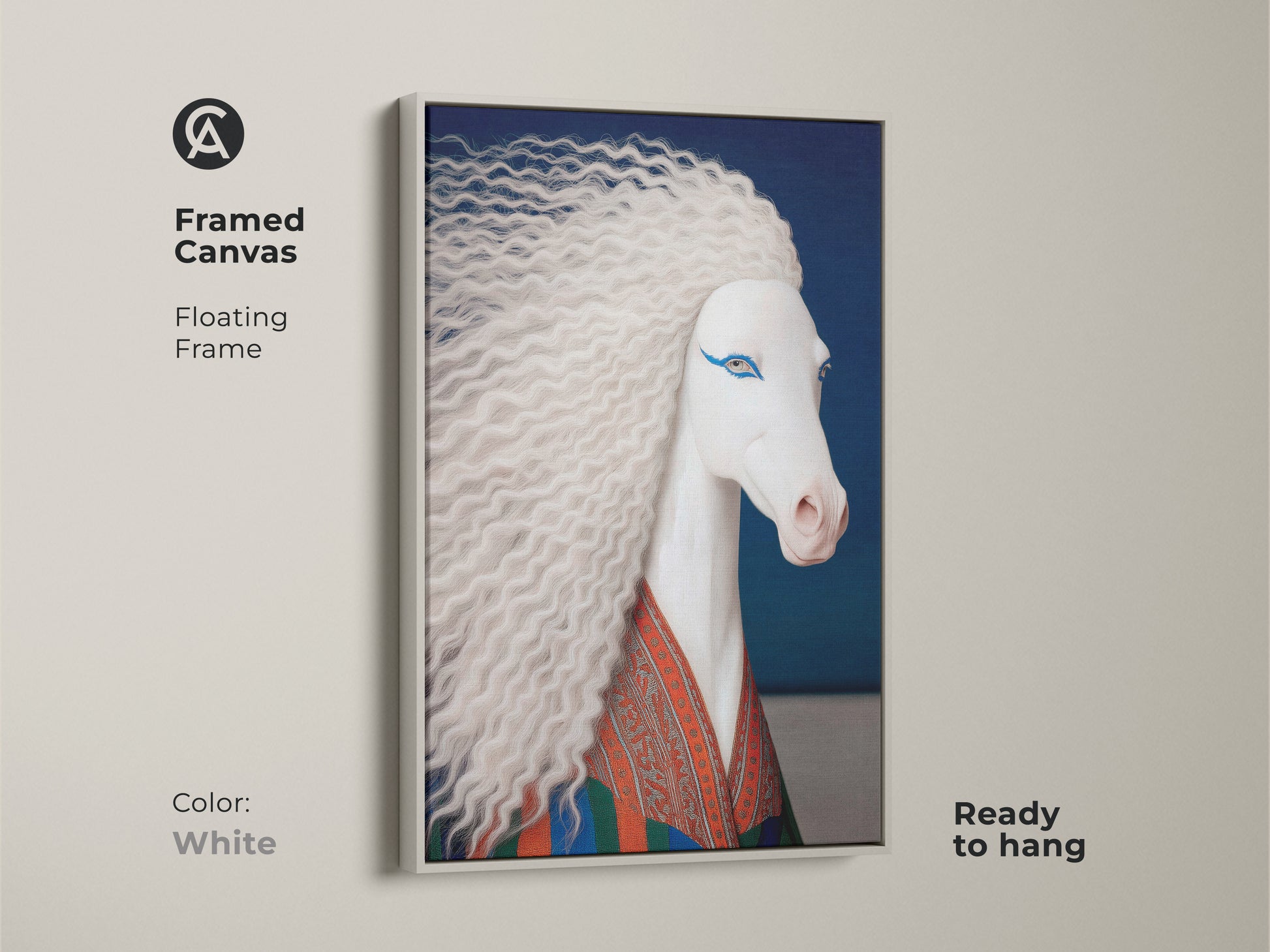 Framed canvas of a surreal white horse art print with a white floating frame ready to hang. The eclectic horse wall art features blue and orange accents. This fantasy unicorn canvas art makes for unique bedroom art.