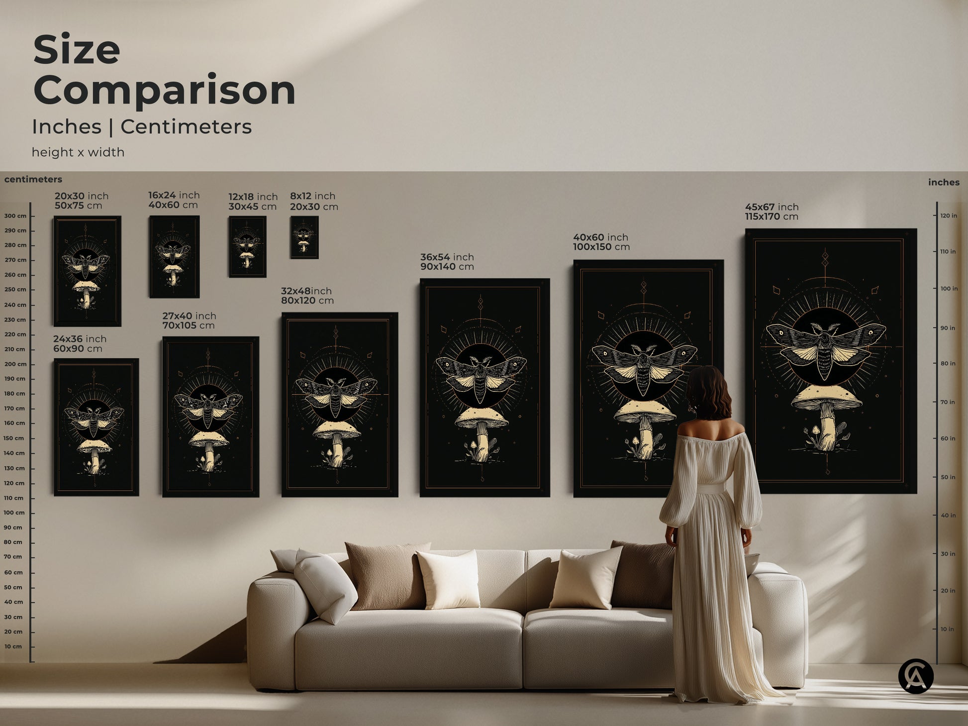 Size comparison of moth and mushroom artwork in inches and centimeters. Various sizes are available to fit any space. See how the Gothic celestial wall art looks above a sofa. Perfect dark academia botanical insect decor for your home.