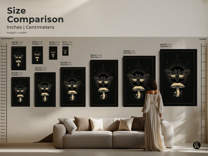 Size comparison of moth and mushroom artwork in inches and centimeters. Various sizes are available to fit any space. See how the Gothic celestial wall art looks above a sofa. Perfect dark academia botanical insect decor for your home.