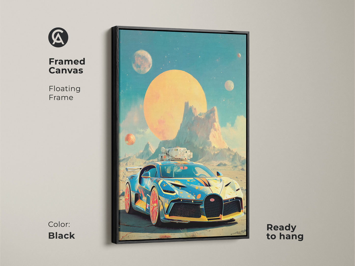 Framed Cyberpunk sports car art print with a black floating frame. The retro futurism car canvas showcases a sci-fi vehicle on an alien planet. Its teal orange color palette adds a pop. It is ready to hang making it ideal as office wall art. Car enthusiast gift idea.