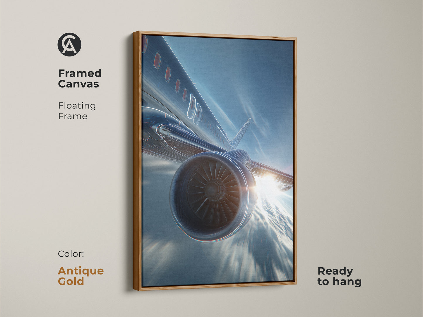 Framed canvas featuring a futuristic jet engine against a blue sky. This aviation artwork is ready to hang with a floating antique gold frame. The modern airplane wall art is ideal for office wall decor. The sleek silver aircraft decor adds a contemporary touch.