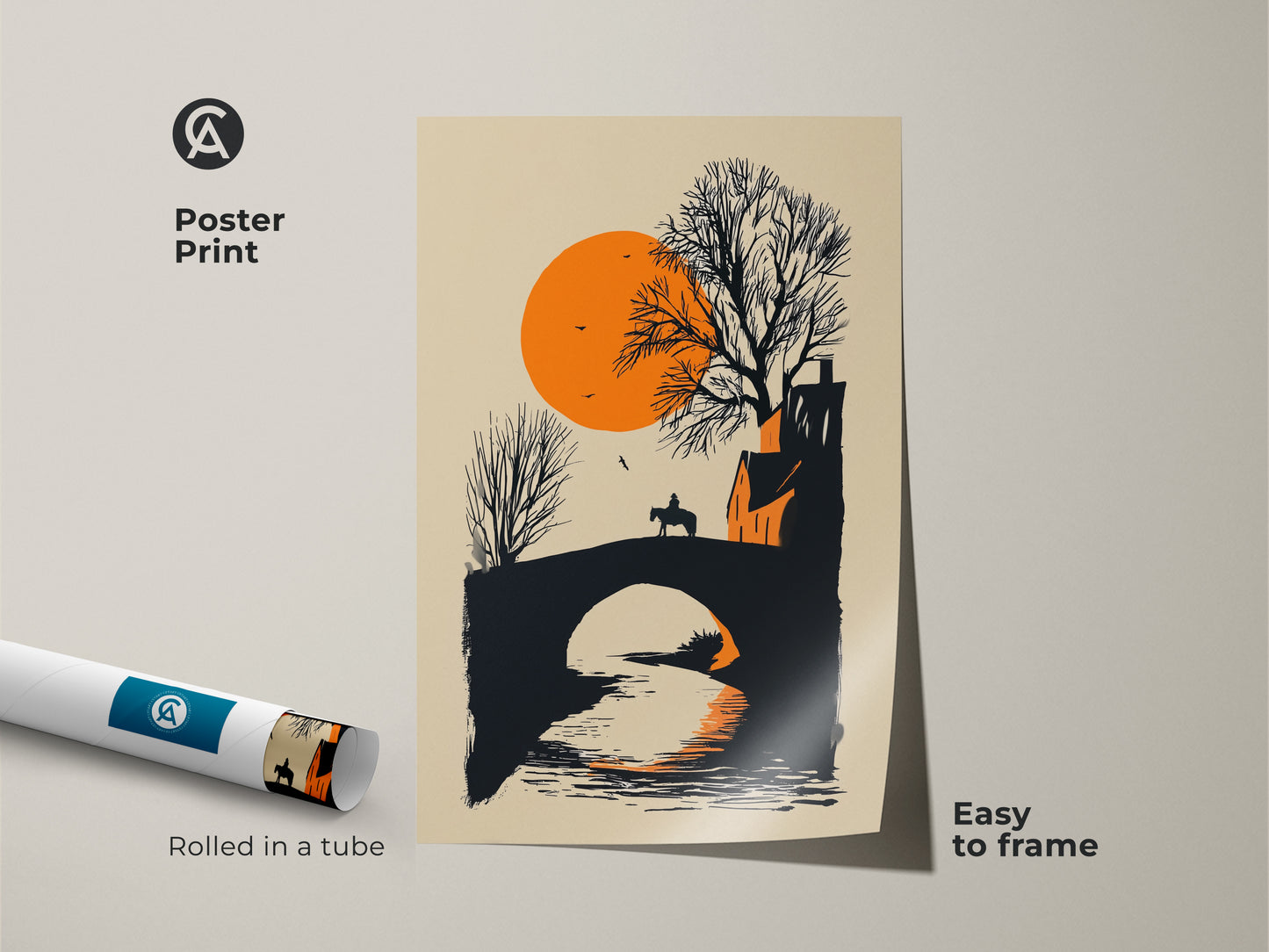 Easy to frame poster print featuring a horse rider crossing a bridge at sunset. Rolled in a tube for protection this minimalist landscape art is a unique wall decor piece. The modern farmhouse orange and black print brings rustic charm. Great gift for travelers or to enhance any room with a scenic equestrian theme.