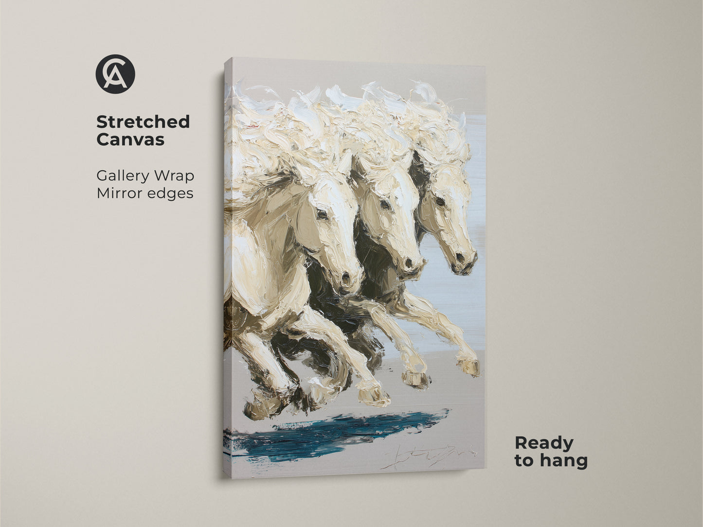 A stretched canvas print showcases galloping white horses artwork with gallery wrapped mirror edges. This ready to hang equestrian wall decor features an impressionistic horse art print. The contemporary equine artwork is perfect for adding movement and grace to your home. The canvas offers a premium feel and lasting beauty.