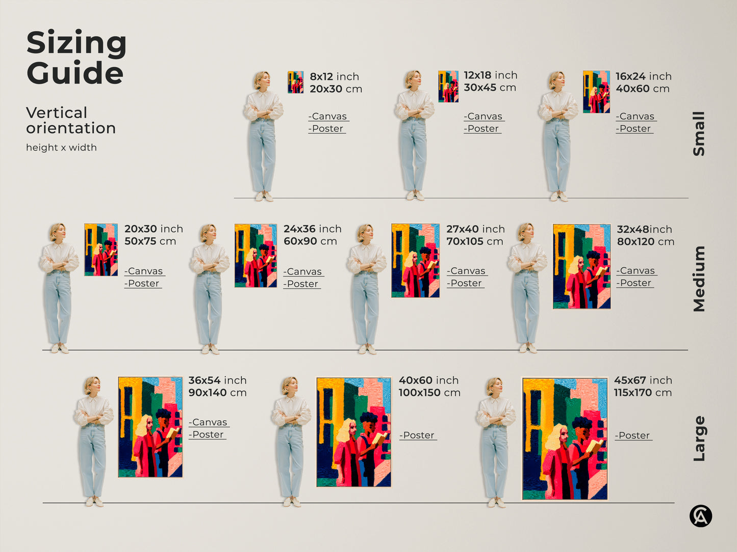 Sizing guide for vertical abstract figurative art. Various sizes are available from small to large. Choose canvas or poster prints to fit your space. Find the perfect size for your modern folk style wall decor today.