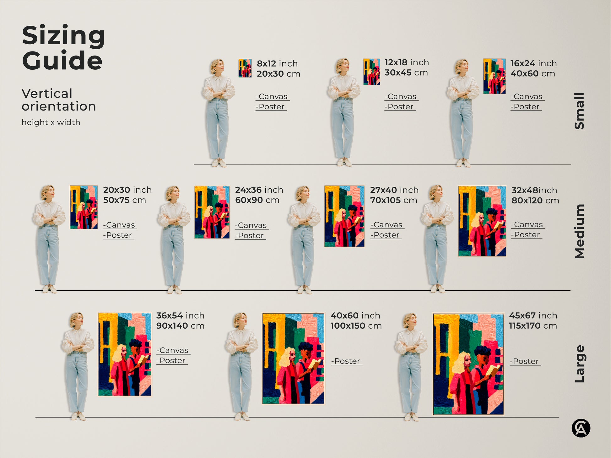 Sizing guide for vertical abstract figurative art. Various sizes are available from small to large. Choose canvas or poster prints to fit your space. Find the perfect size for your modern folk style wall decor today.