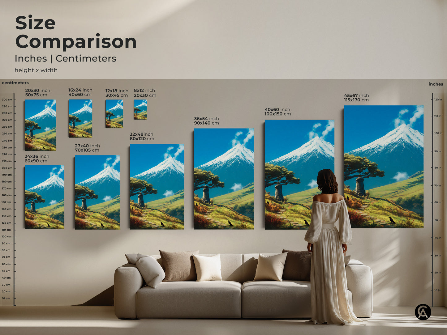 Size comparison of mountain and lighthouse artwork. See how different sizes fit above a sofa. Choose from canvas or poster prints. Find the perfect scenic nature landscape to complement your home decor. Several sizes available.