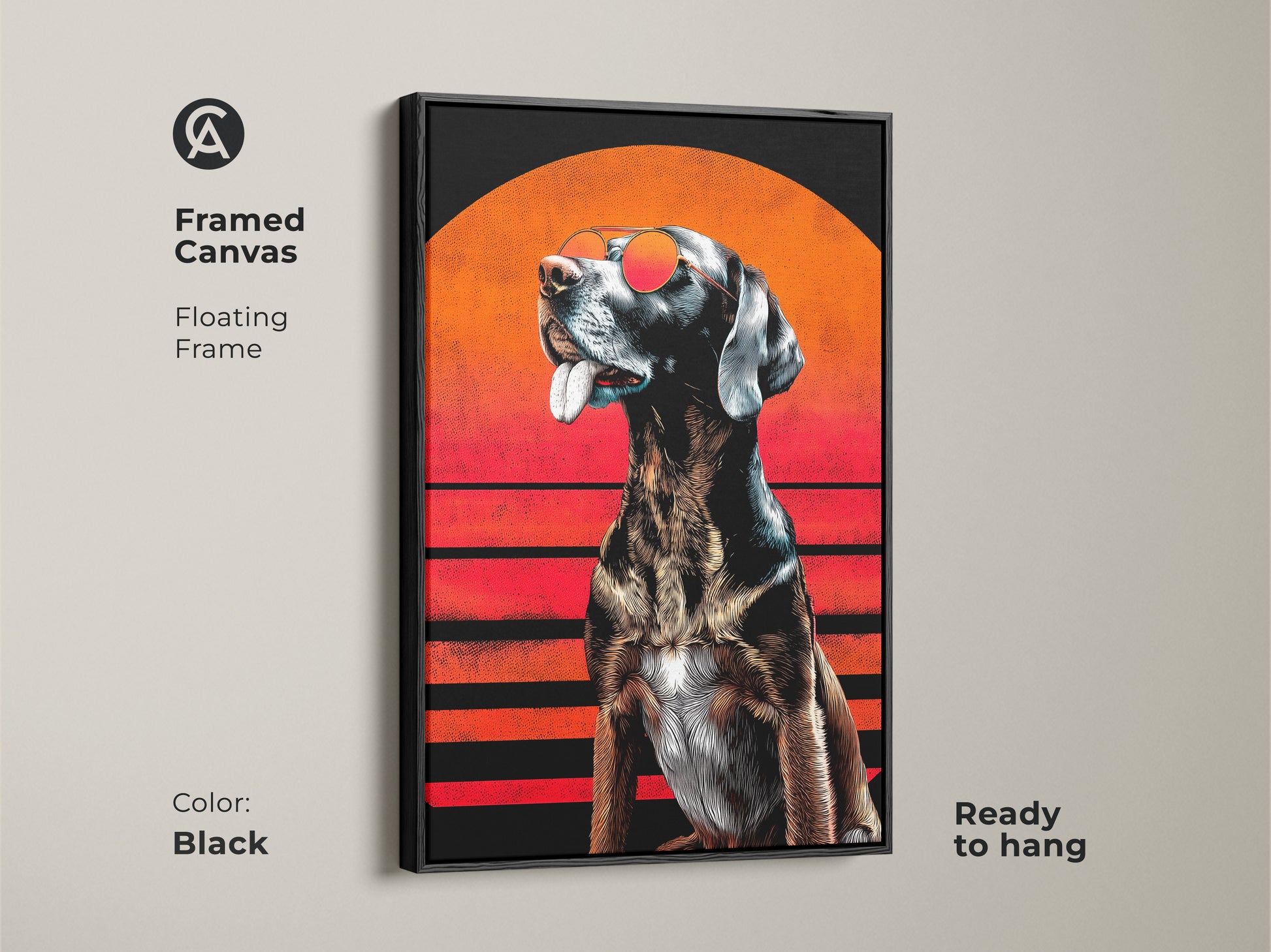 Black framed canvas of a retro pop art sunglasses dog. The orange and black sunset adds an eclectic touch. Ready to hang animal wall art for dog lovers. A cool and modern pet themed decor. The floating frame enhances the art.