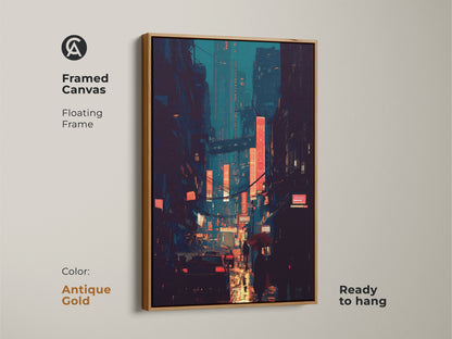 Framed canvas art with an antique gold floating frame displaying a cyberpunk cityscape. The teal and orange artwork features glowing neon signs. This dark blue night scene canvas is ready to hang. Ideal for modern urban wall decor and anime-inspired spaces.