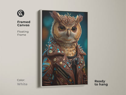 A framed canvas presents a surreal owl in a brown biker jacket. This animal character wall art is ready to hang. It features a white floating frame for a clean look. The orange and teal colors makes it a great piece of eclectic animal artwork. This fantasy owl artwork is a unique gift for animal lovers and a great addition to men's office decor.