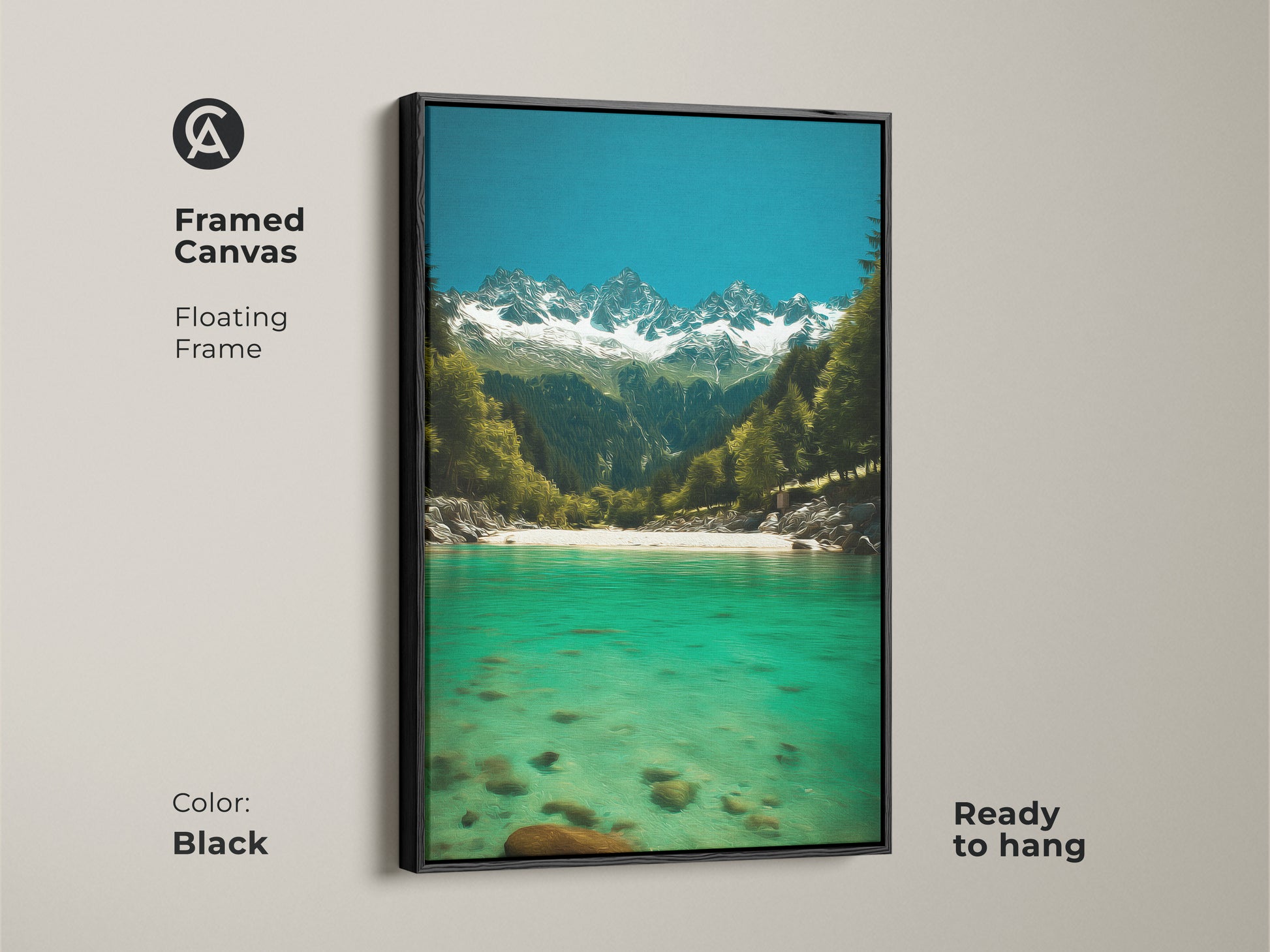 Black framed canvas features an emerald river flowing towards snow-capped mountains. Deep blue sky nature wall art ready to hang. Impressionistic pine forest artwork adds natural splendor to any modern home or office. Perfect for nature lovers.