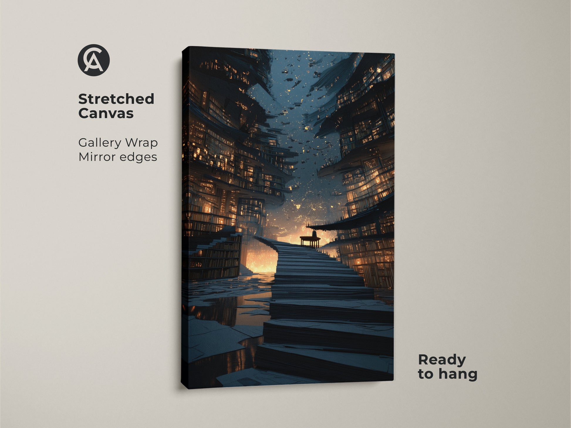 Stretched canvas gallery wrap of a sci-fi architecture print. This bookshelf staircase wall art features mirror edges. The navy gold orange art creates a fantasy decor. Ideal for a study room or office wall. The artwork is ready to hang.