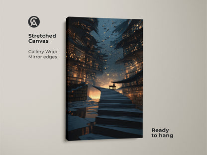 Stretched canvas gallery wrap of a sci-fi architecture print. This bookshelf staircase wall art features mirror edges. The navy gold orange art creates a fantasy decor. Ideal for a study room or office wall. The artwork is ready to hang.