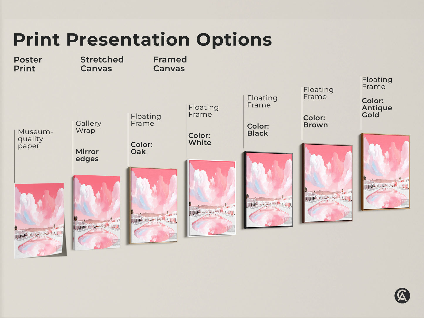 Print presentation options showcasing poster prints stretched canvases and framed canvases. This modern abstract landscape of a resort poolside is available in various styles. Choose the perfect contemporary artwork for your space.