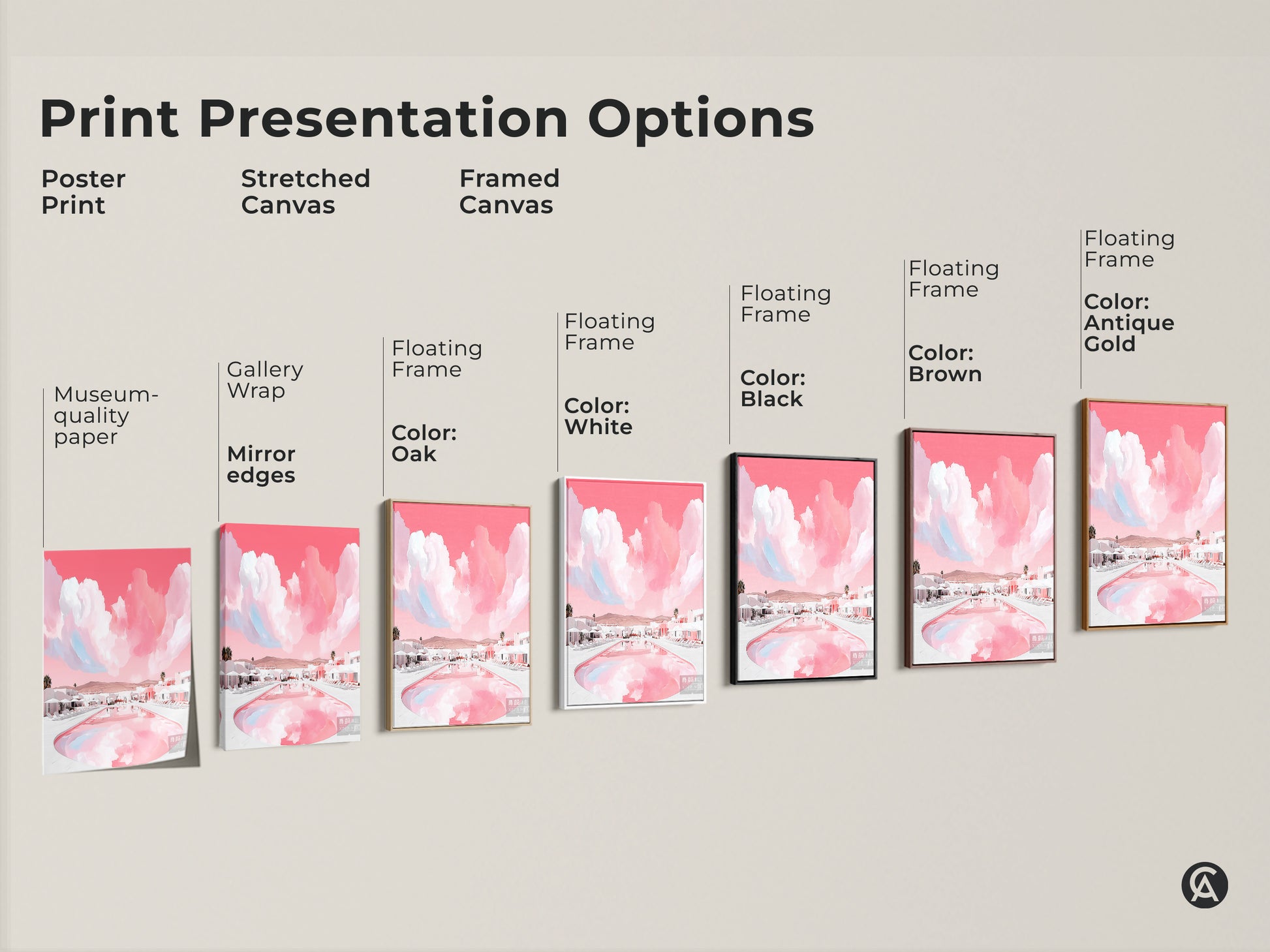 Print presentation options showcasing poster prints stretched canvases and framed canvases. This modern abstract landscape of a resort poolside is available in various styles. Choose the perfect contemporary artwork for your space.