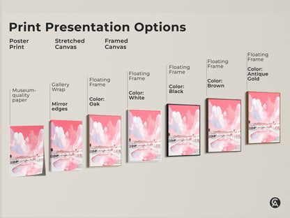 Print presentation options showcasing poster prints stretched canvases and framed canvases. This modern abstract landscape of a resort poolside is available in various styles. Choose the perfect contemporary artwork for your space.